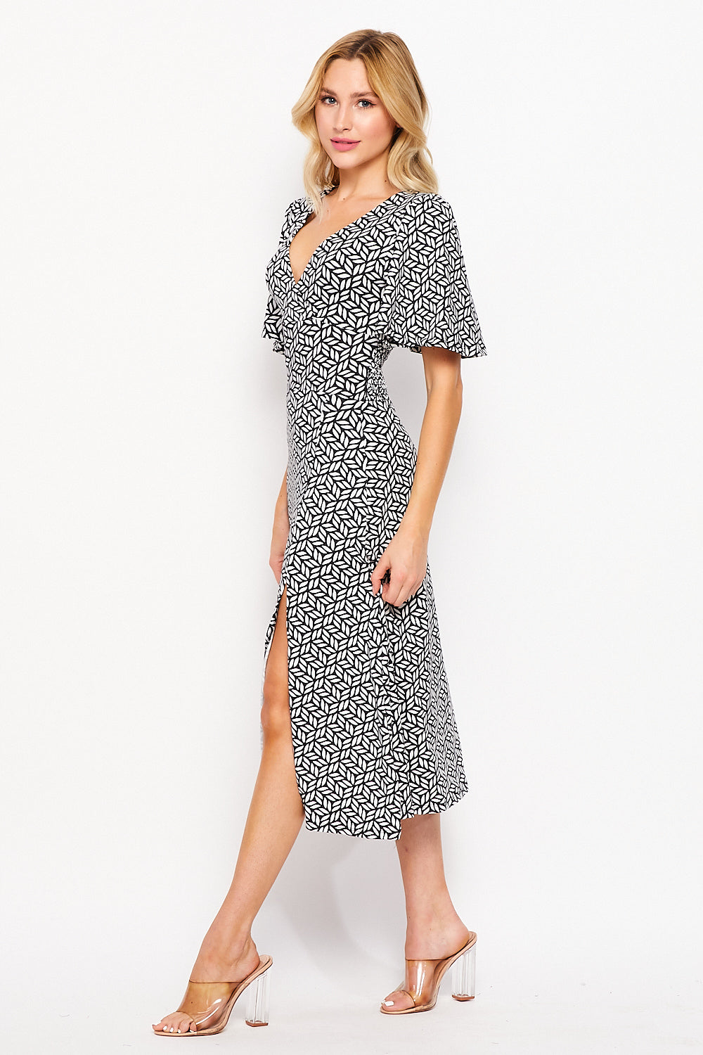 Flutter Sleeve wrap Dress - Black Print