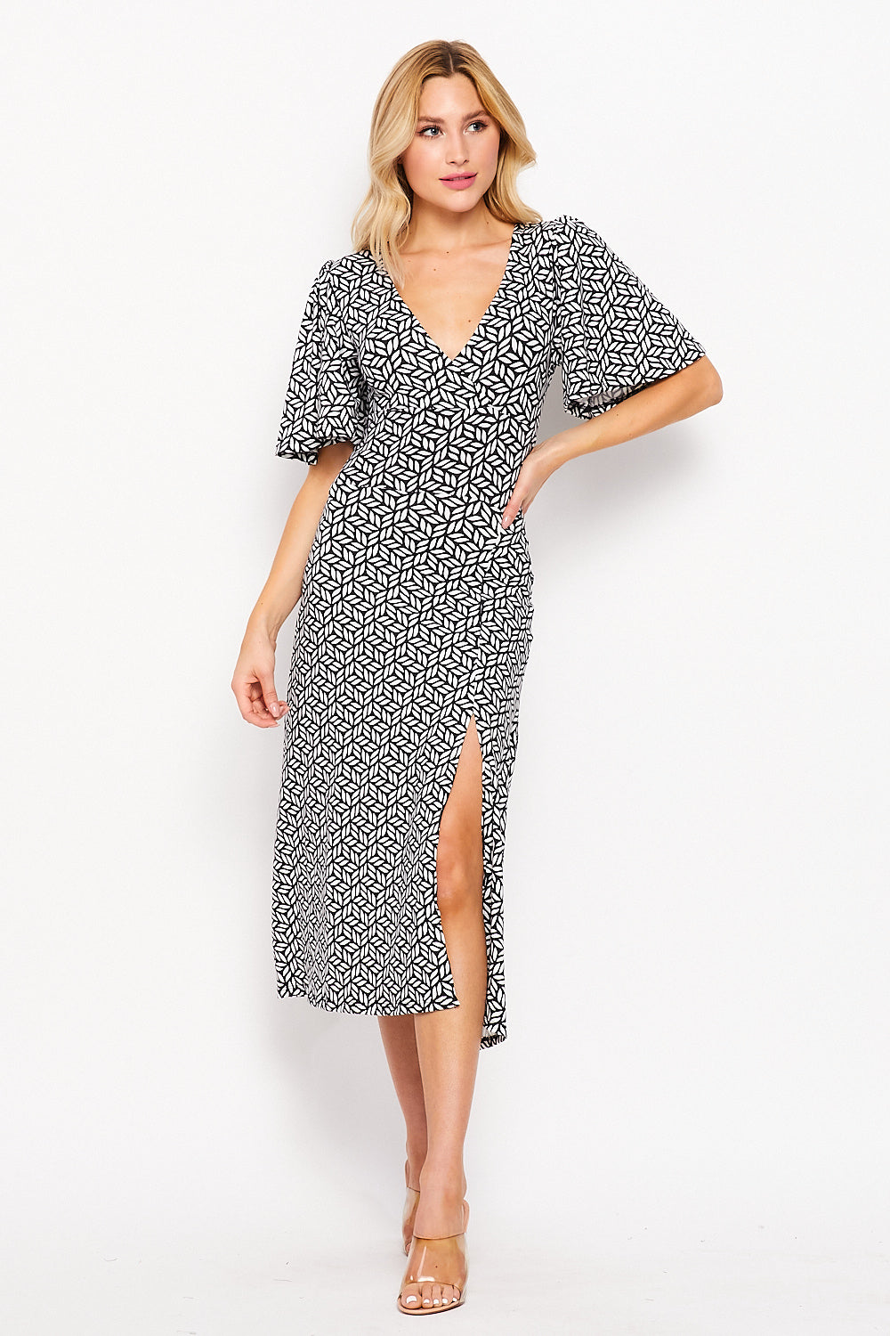 Flutter Sleeve wrap Dress - Black Print