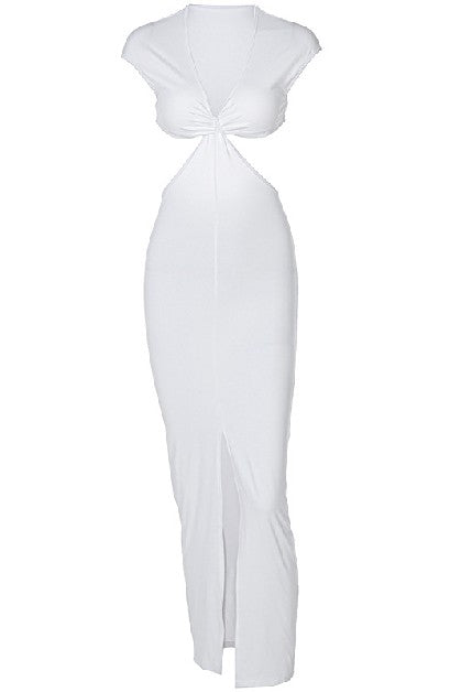 Short Sleeve Side Hollow Slit Midi Dress