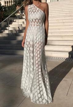 White One Shoulder Long Mesh Evening Dress - Small