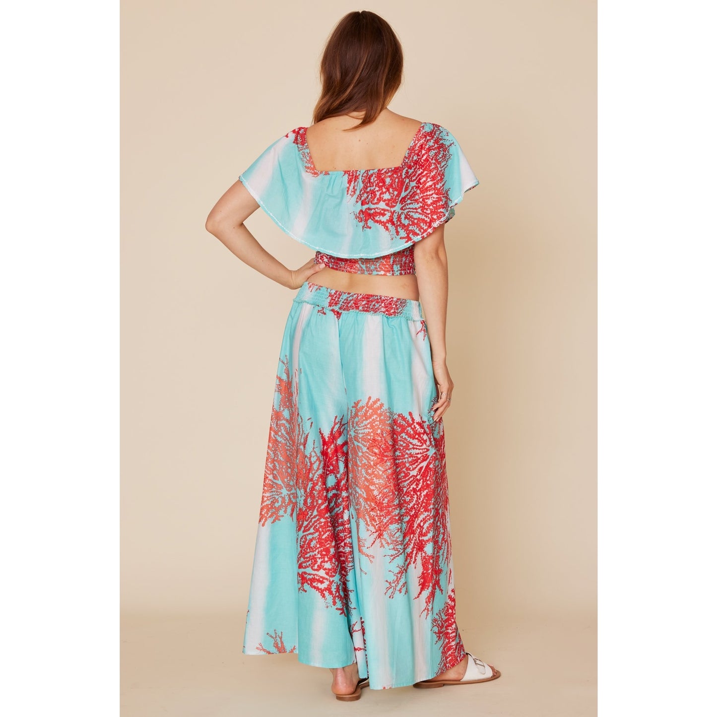 Camelia Smocked Ruffle Crop Top in Ombre Coral
