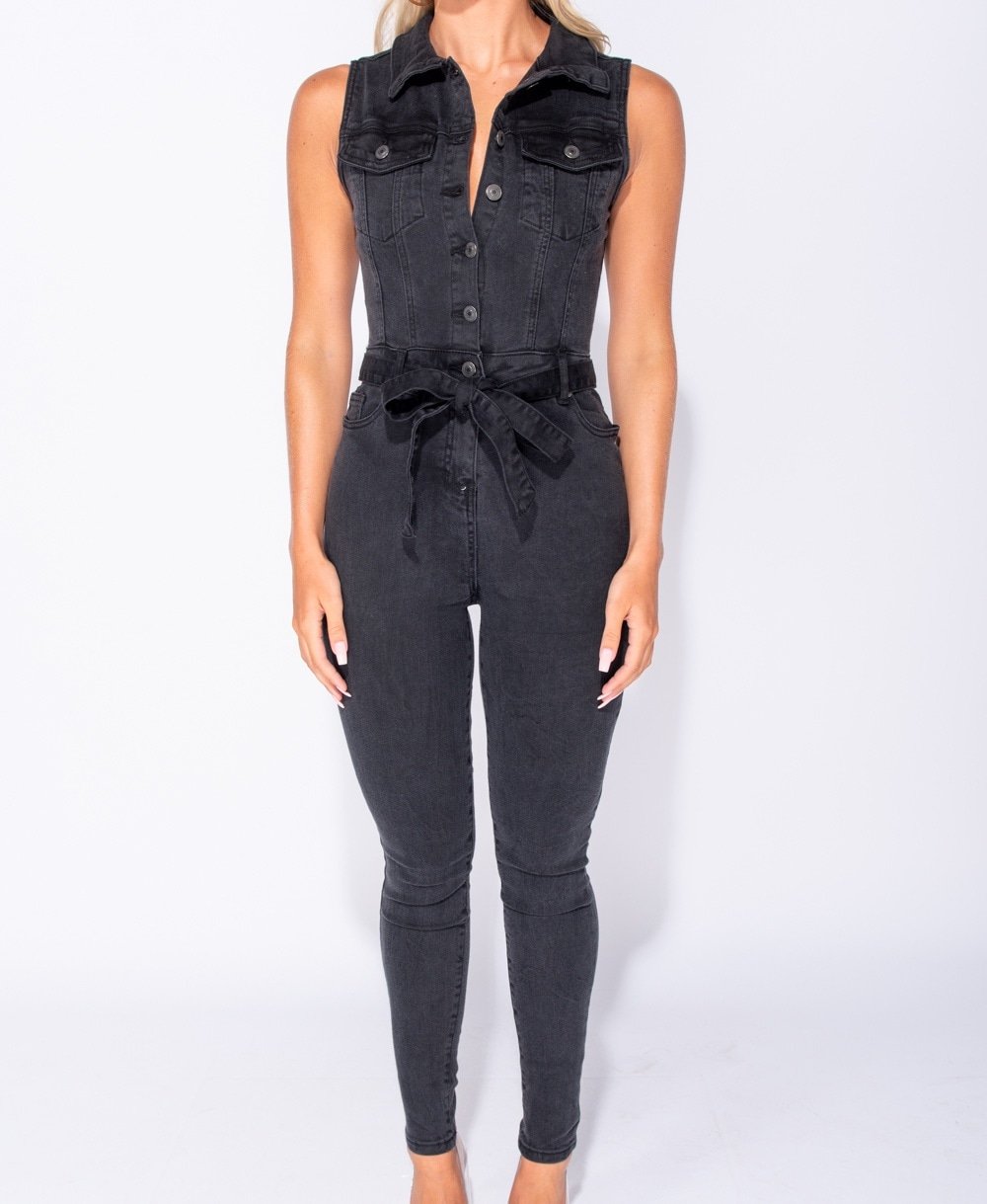Button Up Denim Waist Tie Jumpsuit