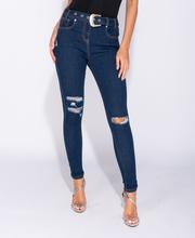 Western Buckle Belt Distressed Knee Skinny Jeans