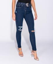 Western Buckle Belt Distressed Knee Skinny Jeans